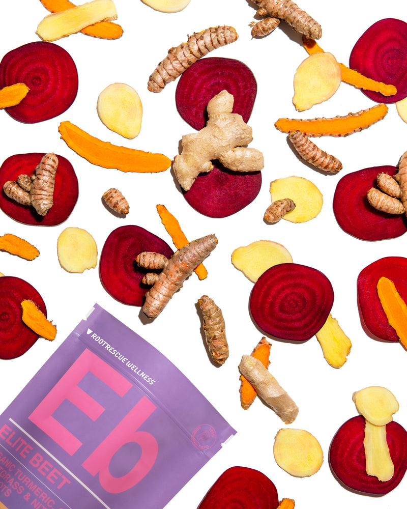 
                  
                    Load image into Gallery viewer, Ginger Turmeric Beet Shots Ingredients on White EliteBeet Root Rescue Wellness Package
                  
                