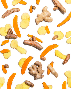 
                  
                    Load image into Gallery viewer, Ginger Turmeric Shot Ingredients Turmeric Ginger on White Atomic  Root Rescue Wellness
                  
                